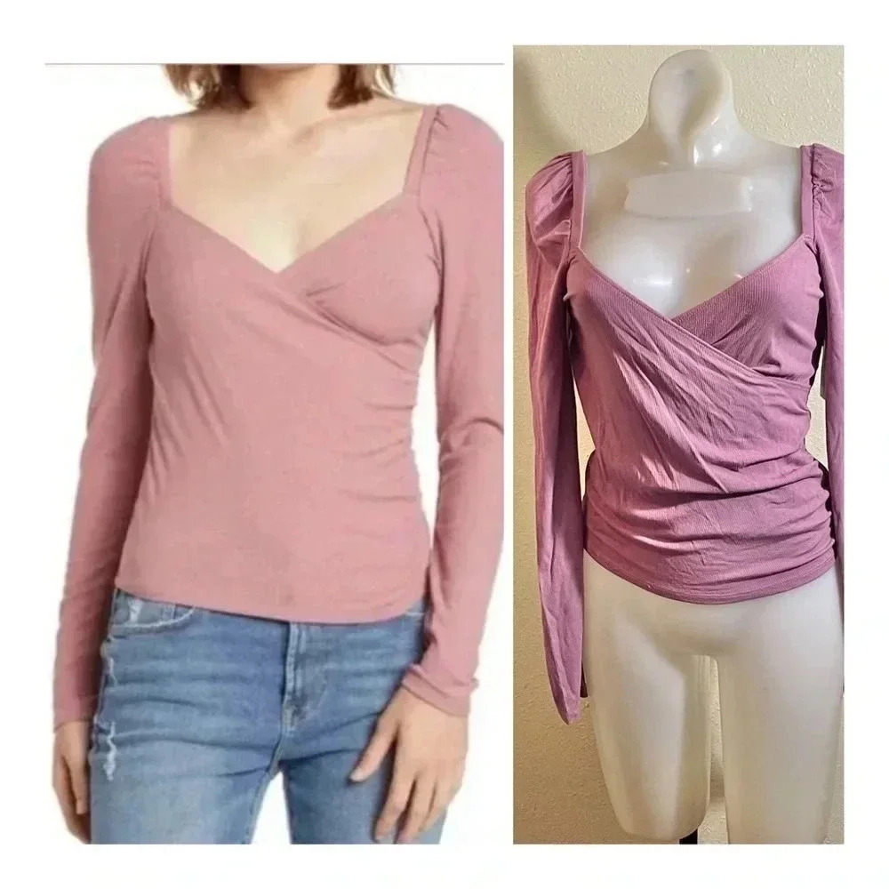 ABOUND Women's Size S Faux Wrap Top Puff Long Sleeve Top Ribbed Mauve Pink NEW